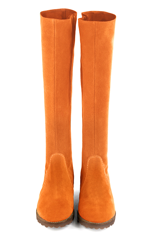 Apricot orange women's riding knee-high boots. Round toe. Flat rubber soles. Made to measure. Top view - Florence KOOIJMAN